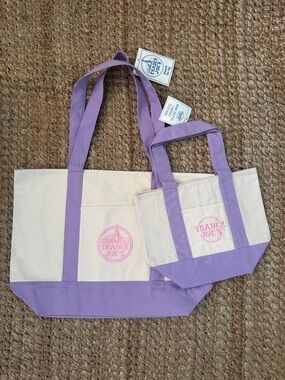 NWT Traders Joe’s Cream & Lavender Canvas Tote Bag large and mini totes bundle